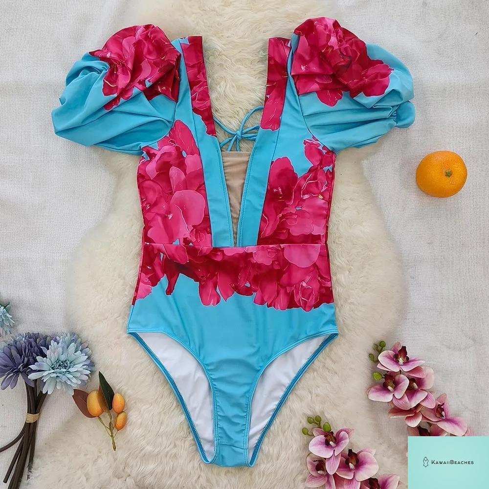 Kawaii V-Neck Lace Print One Piece Swimsuit