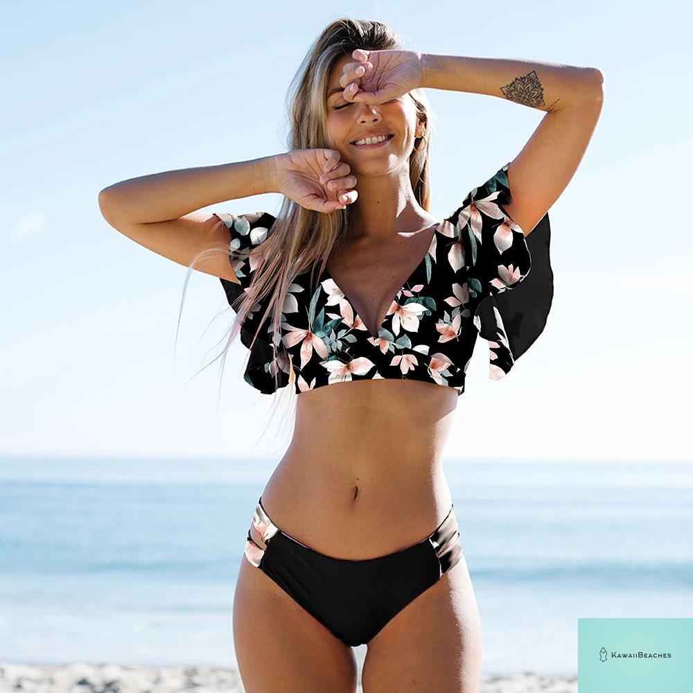 Tropical Ruffle Floral High Waist Swimsuit