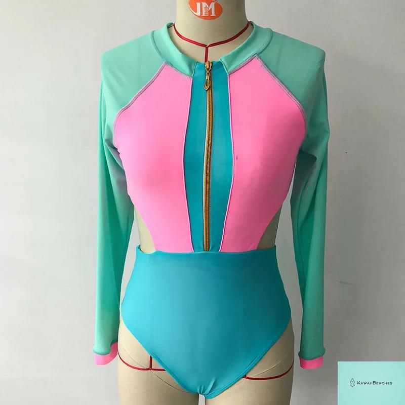 Kawaii Patchwork Long Sleeve Swimsuit