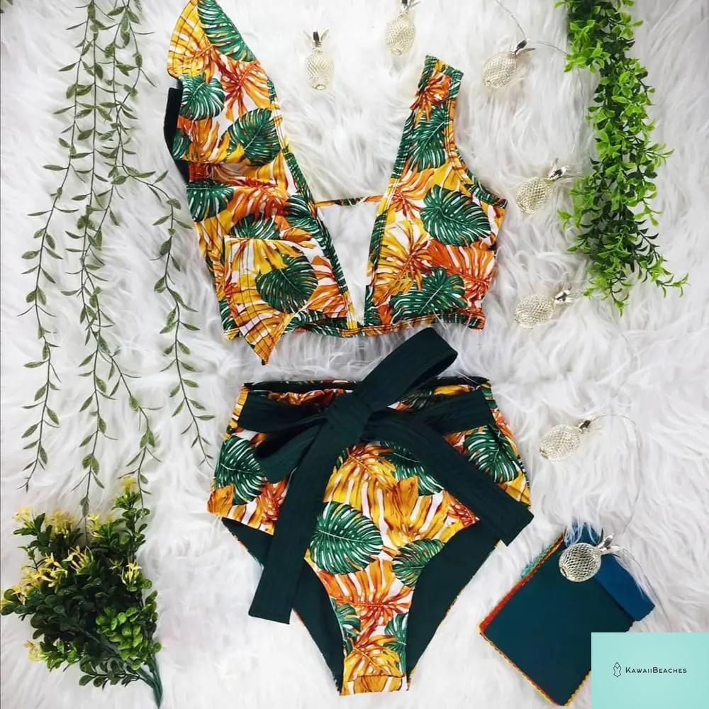 Floral Printed High Waist Bandage Bikini Set