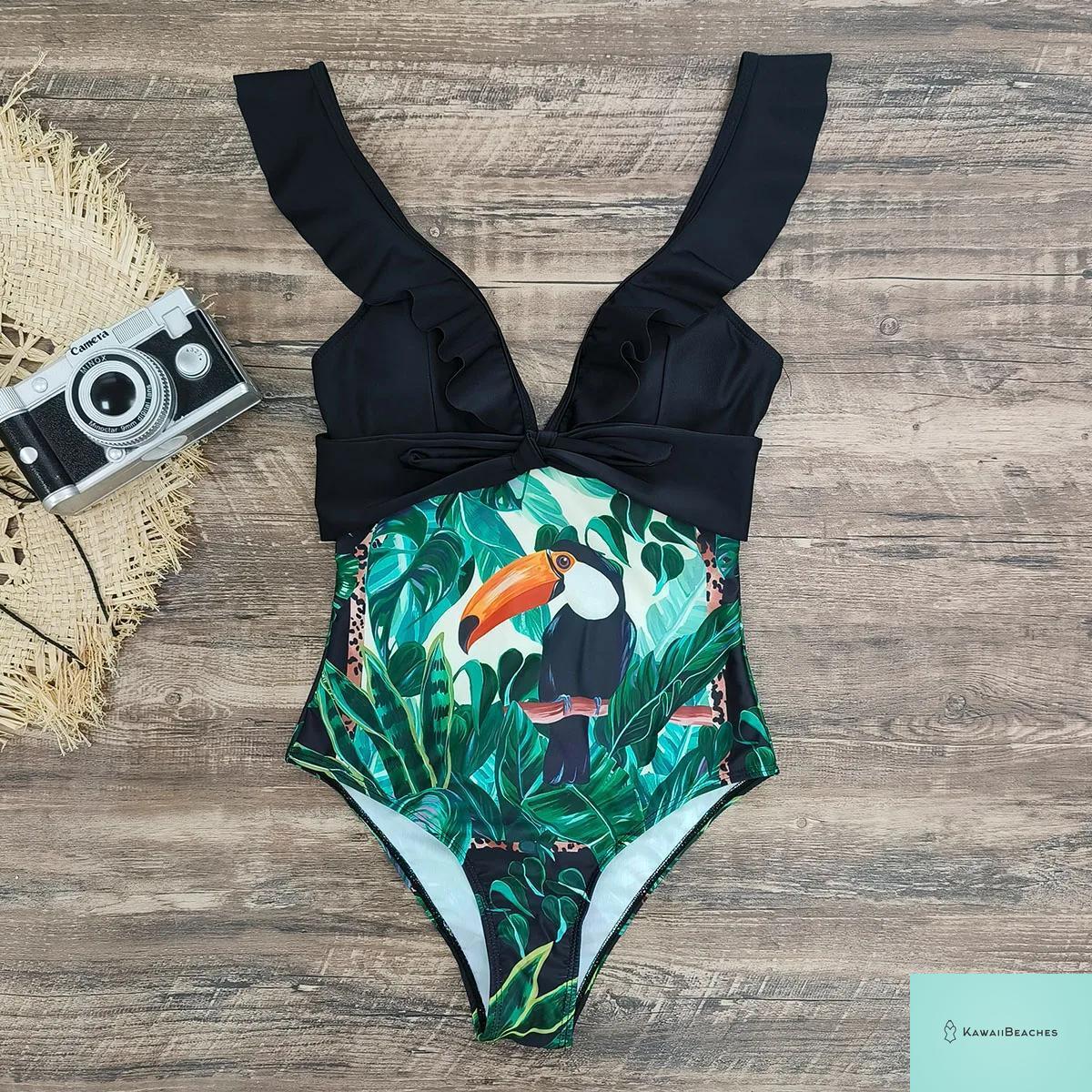 Lace Print V-Neck One Piece Swimsuit