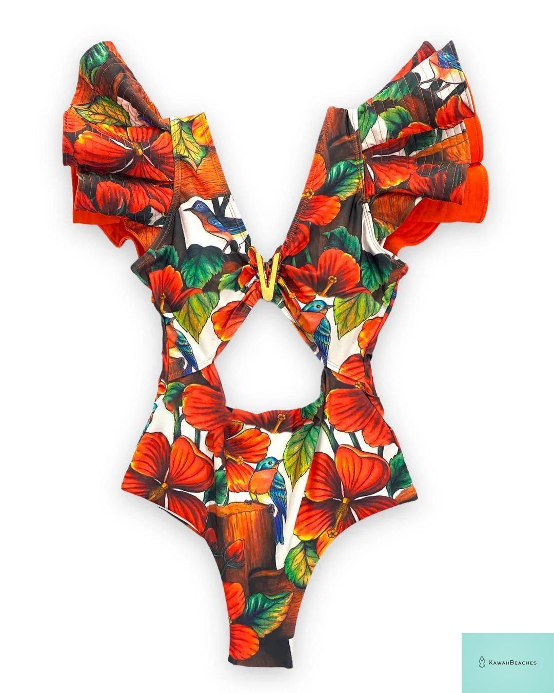 Kawaii V-Neck Lace Print One Piece Swimsuit