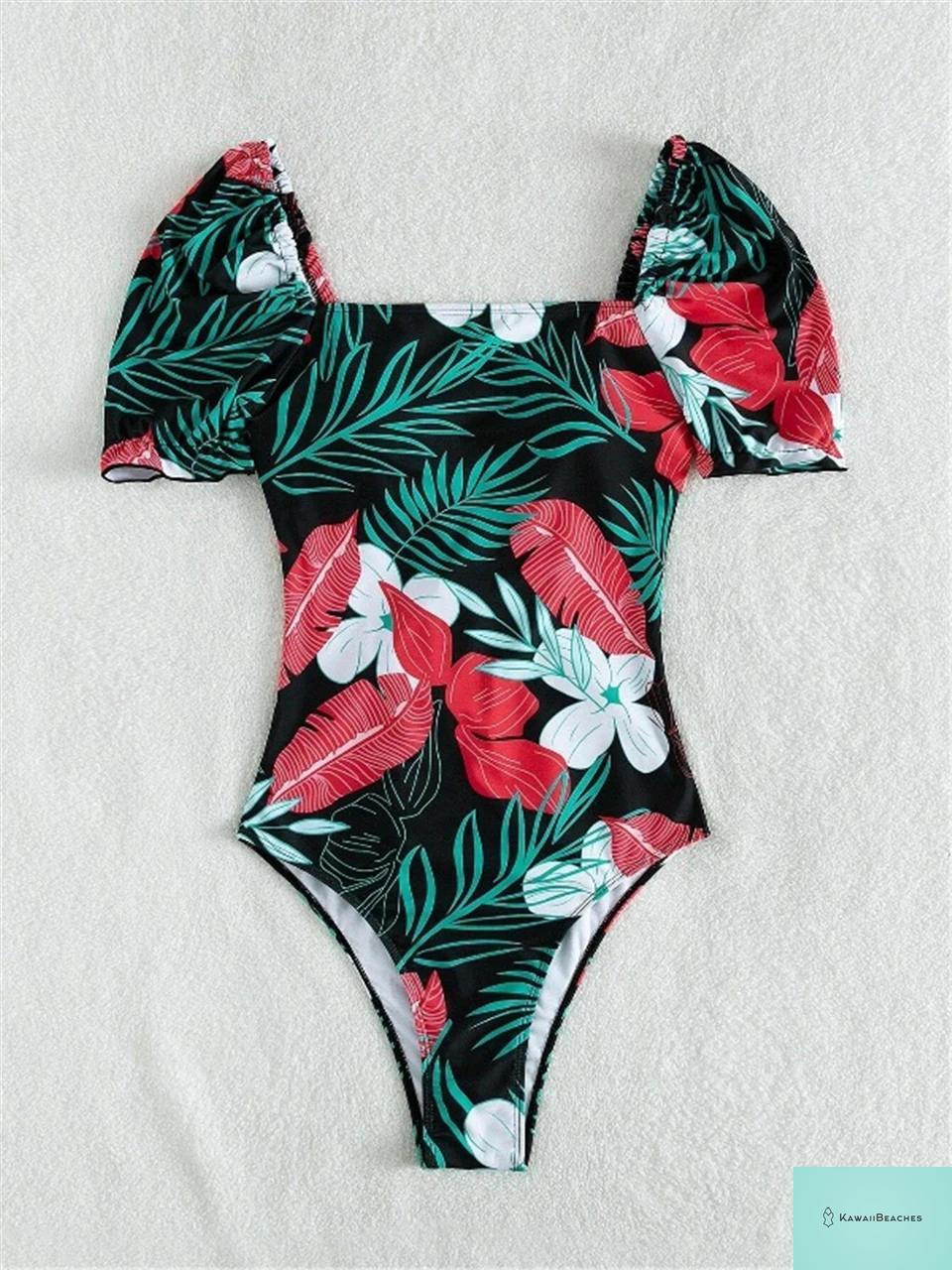 Tropical Print Drawstring One-Piece Swimsuit