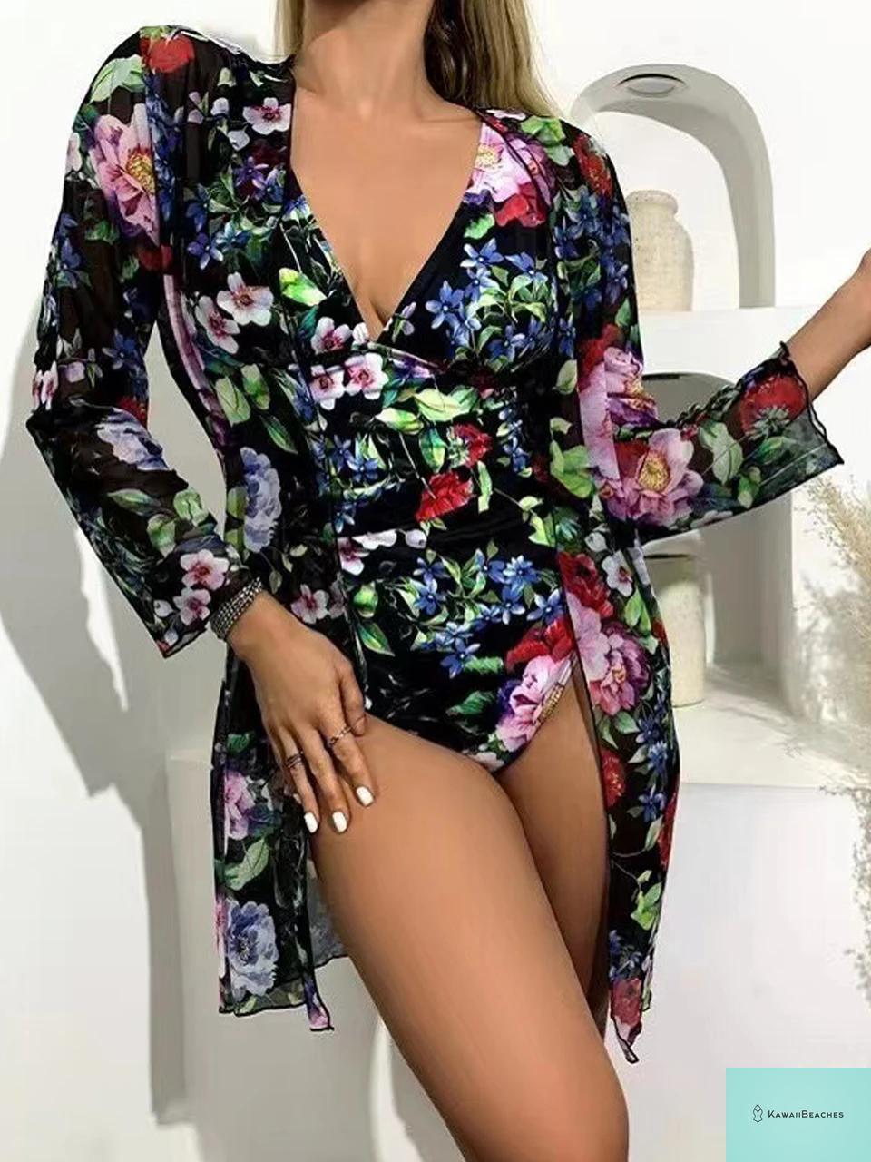 Tropical V-neck Swimsuit with Cover Up