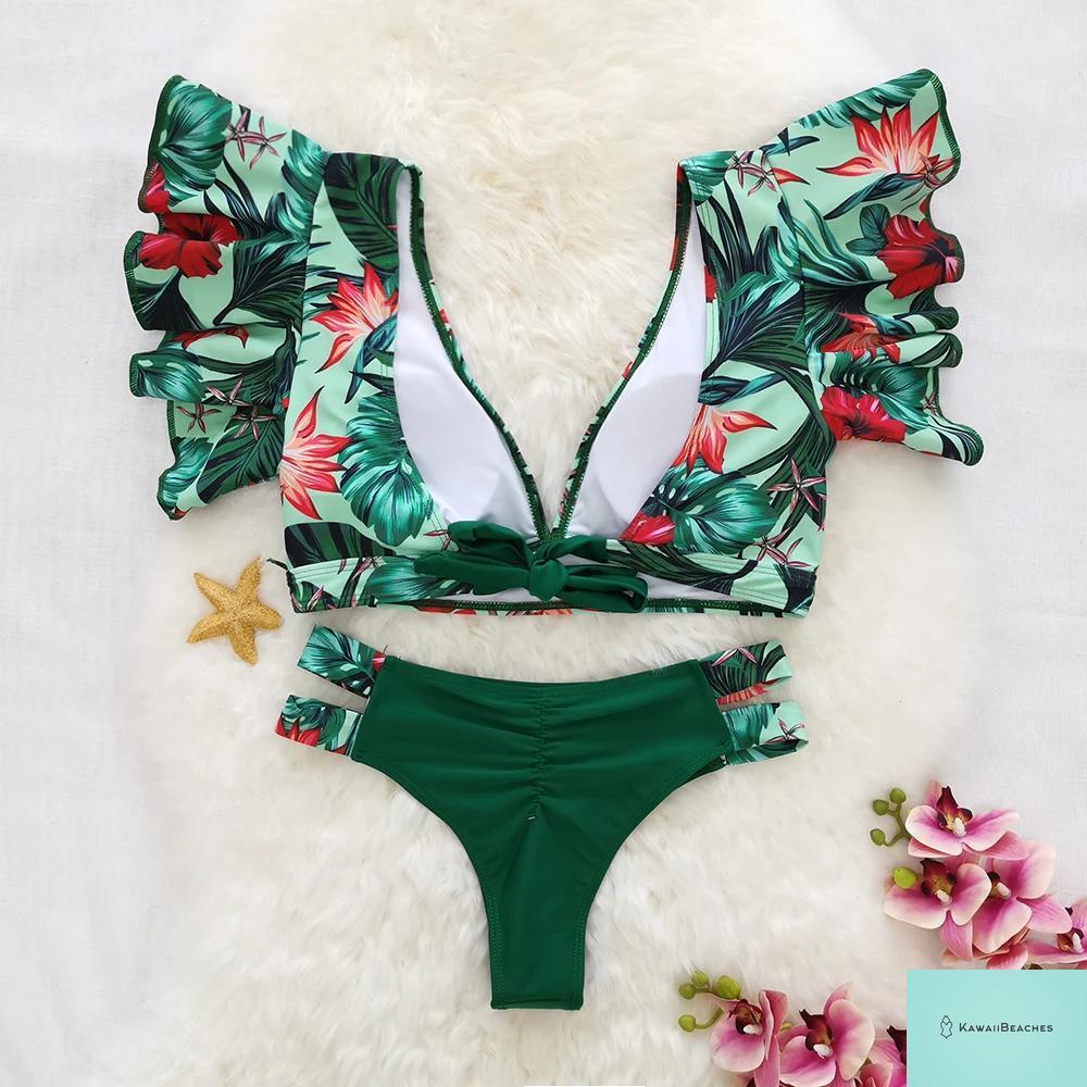 Tropical Ruffle Floral High Waist Swimsuit