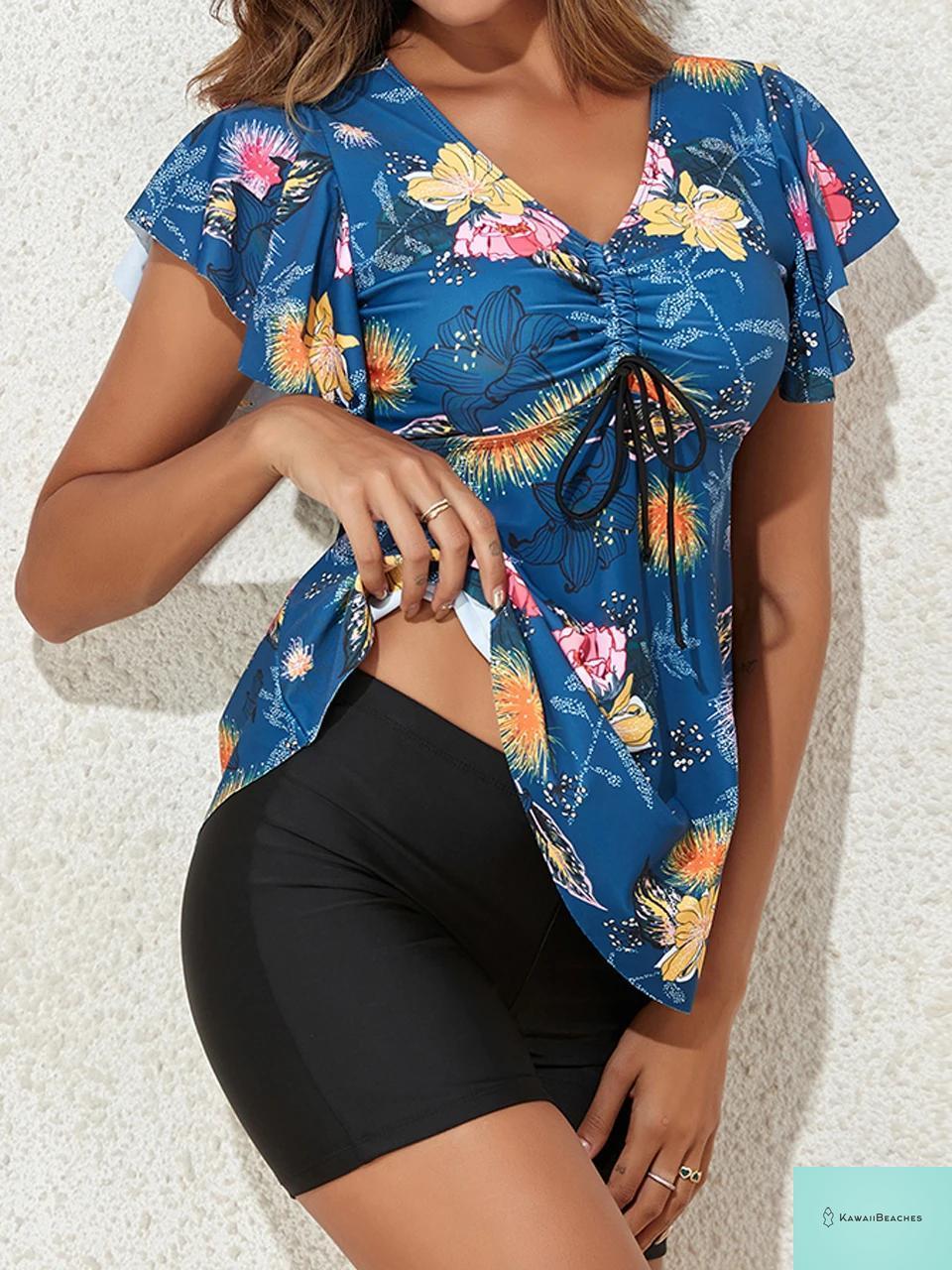 Womens V Neck Tankini Swimsuit Set