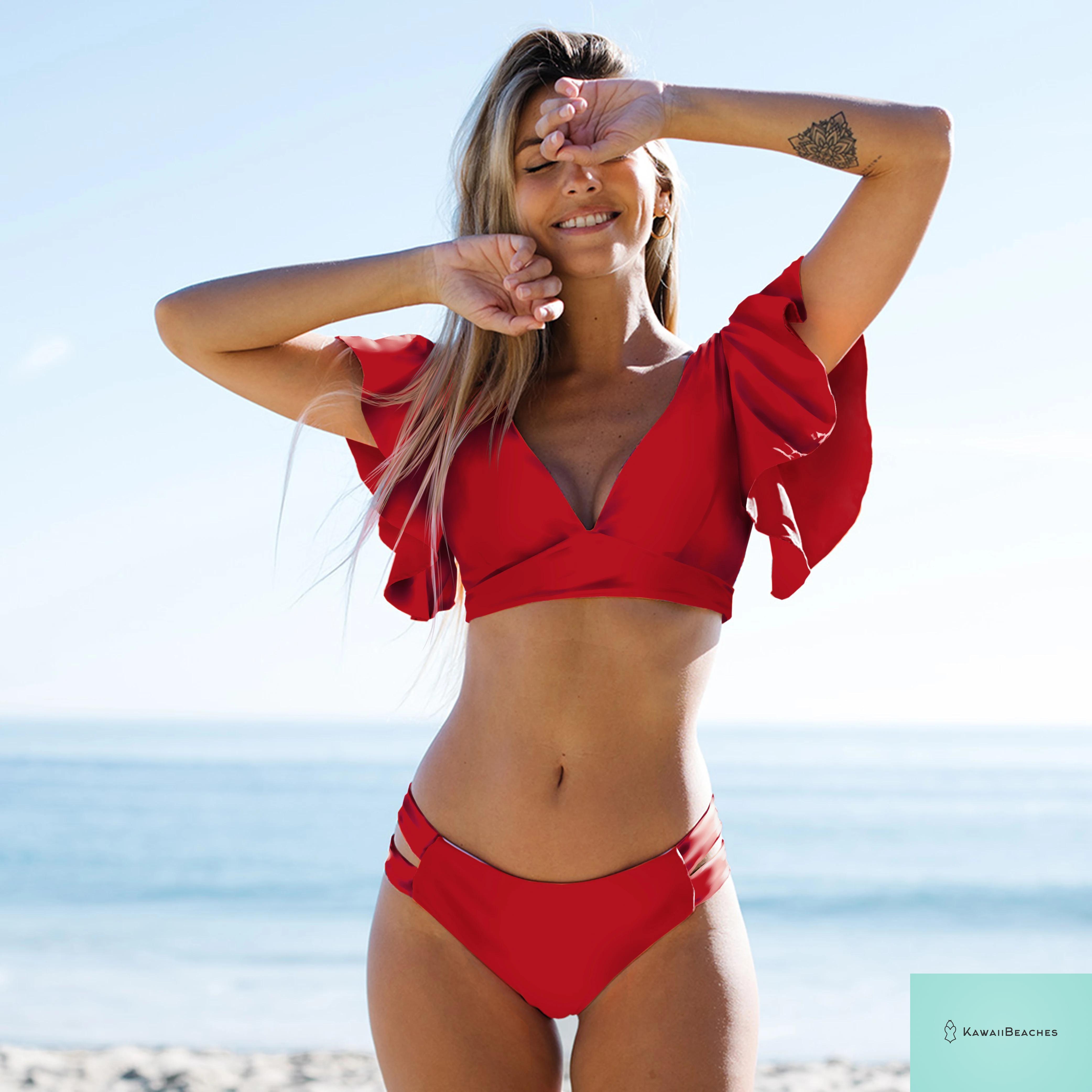 Tropical Ruffle Floral High Waist Swimsuit