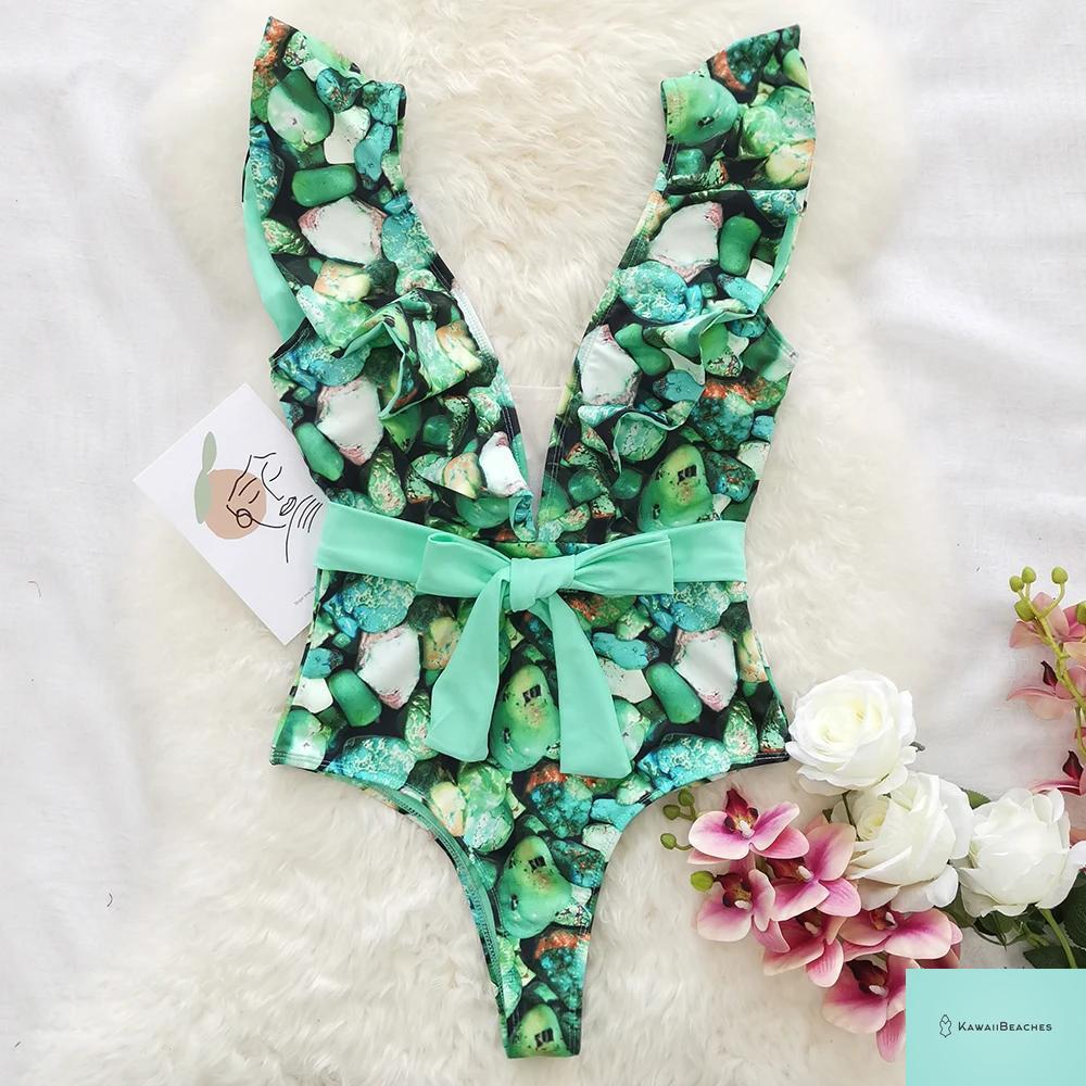 Kawaii V-Neck Lace Print One Piece Swimsuit