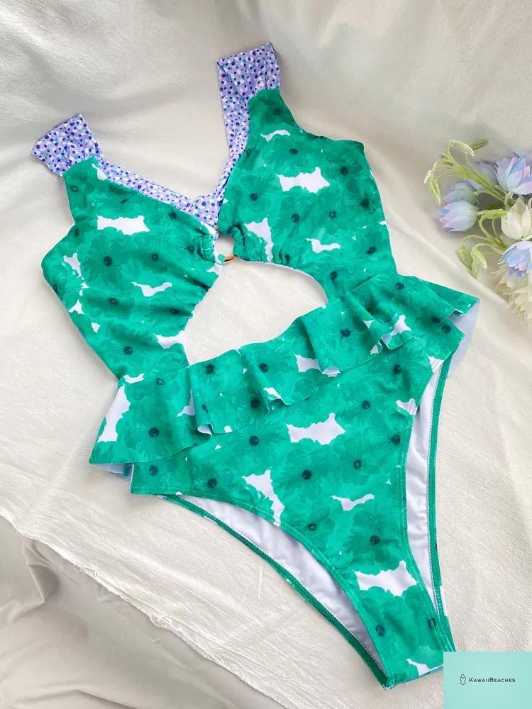 Kawaii Floral Ruffle One-Piece Swimsuit