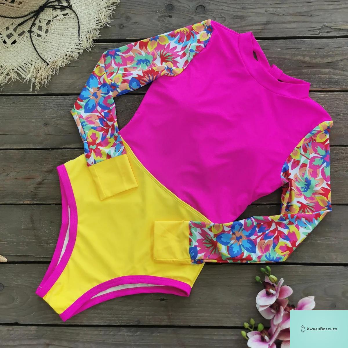 Kawaii Patchwork Long Sleeve Swimsuit