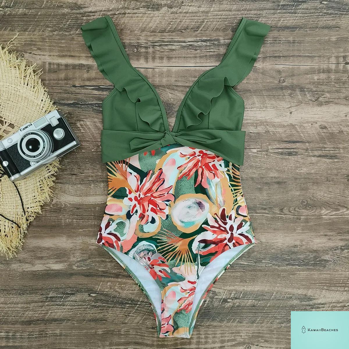 Lace Print V-Neck One Piece Swimsuit