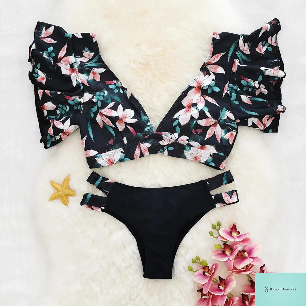 Tropical Ruffle Floral High Waist Swimsuit