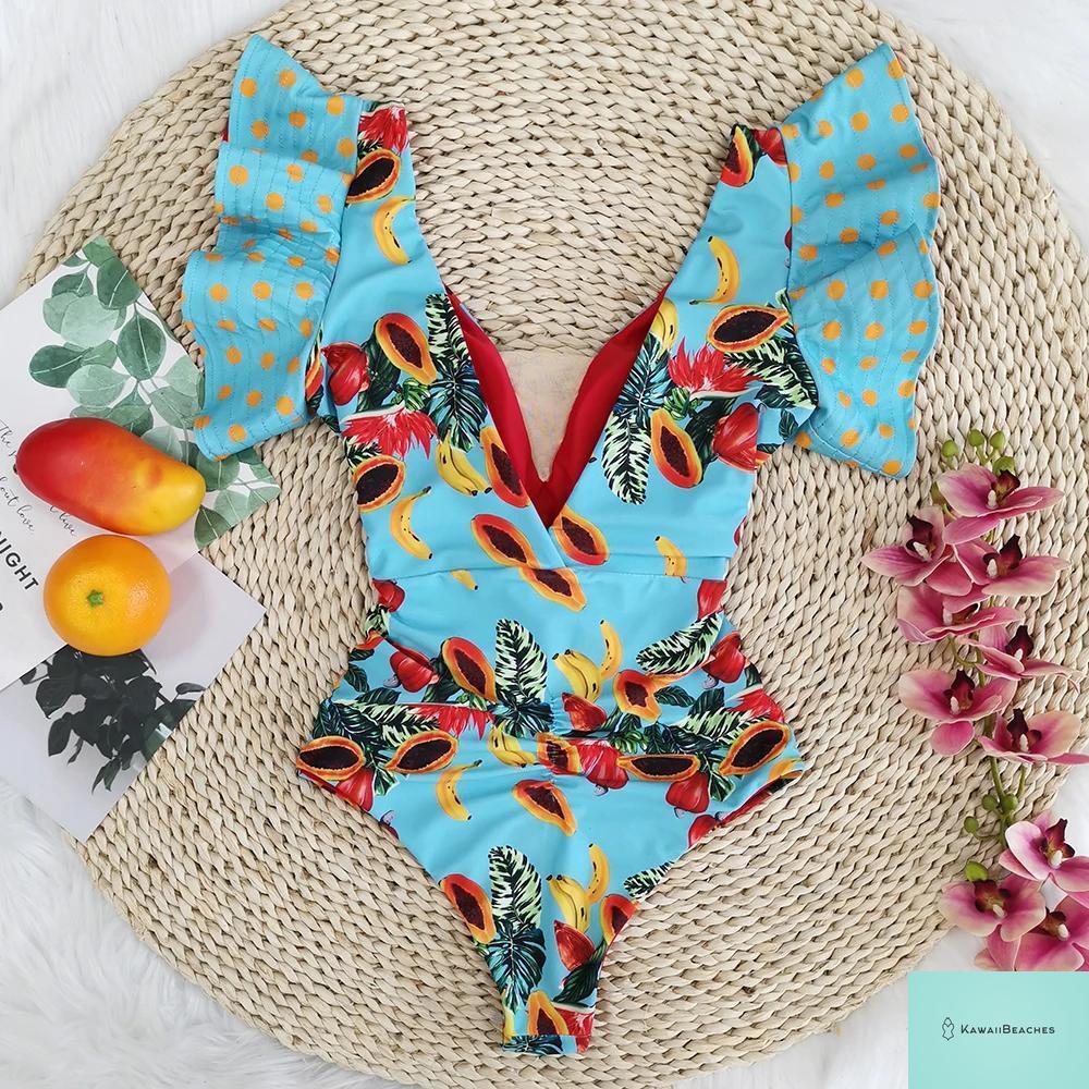 Kawaii V-Neck Lace Print One Piece Swimsuit