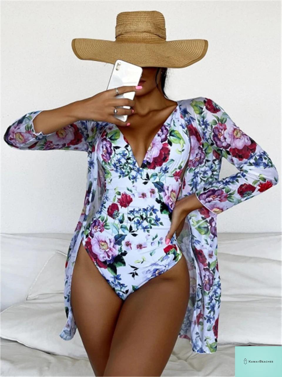 Tropical V-neck Swimsuit with Cover Up