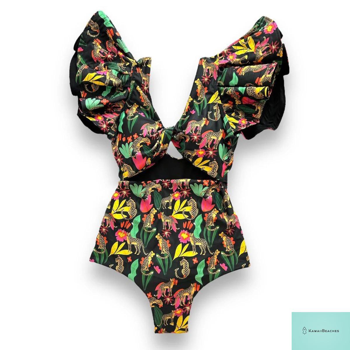 Kawaii V-Neck Lace Print One Piece Swimsuit