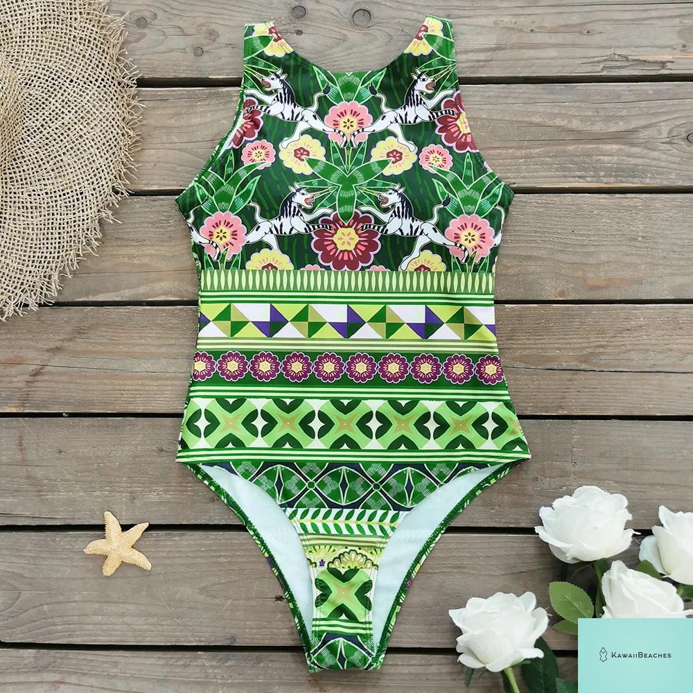 Striped Tropical Monokini Swimsuit for Women