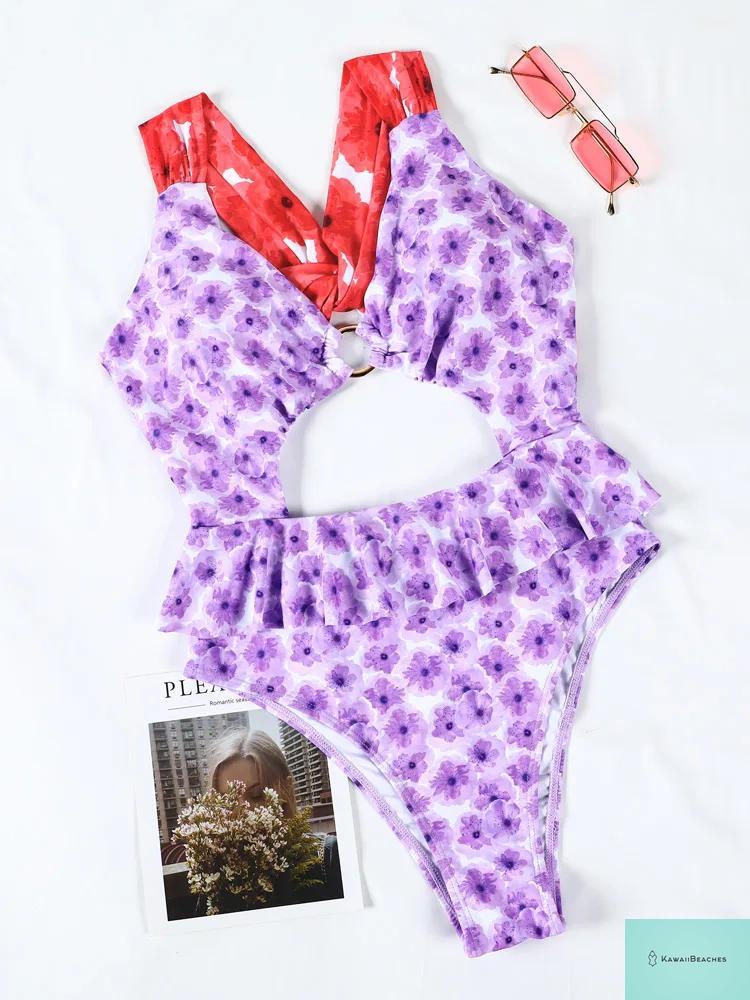 Kawaii Floral Ruffle One-Piece Swimsuit