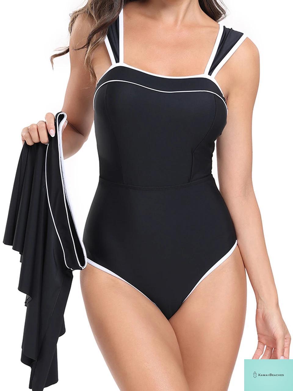 Kawaii Solid Bodysuit with Beach Skirt