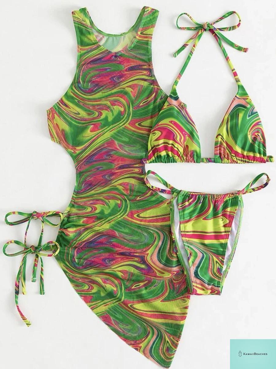 Printed Halter Triangle Bikini Set