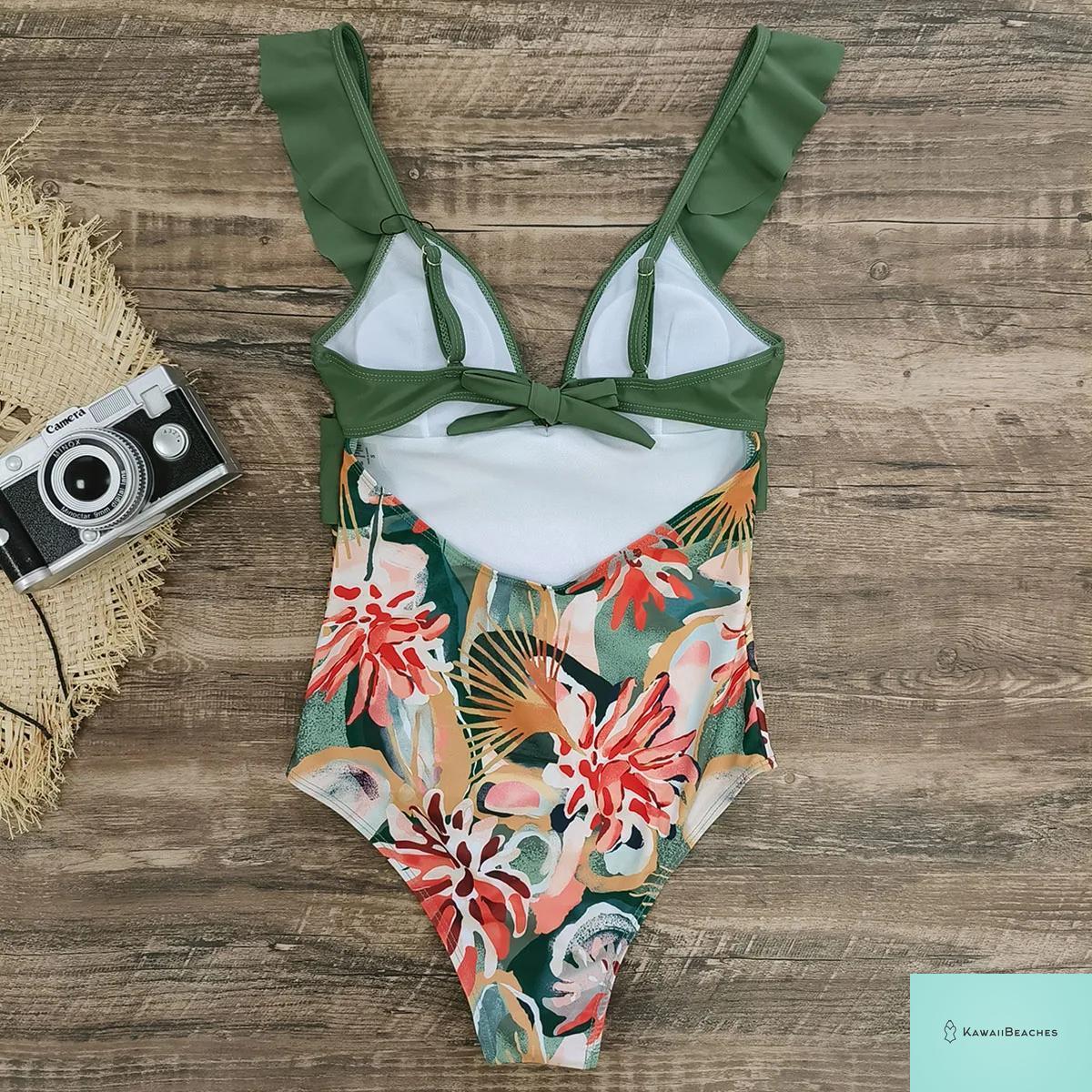 Lace Print V-Neck One Piece Swimsuit