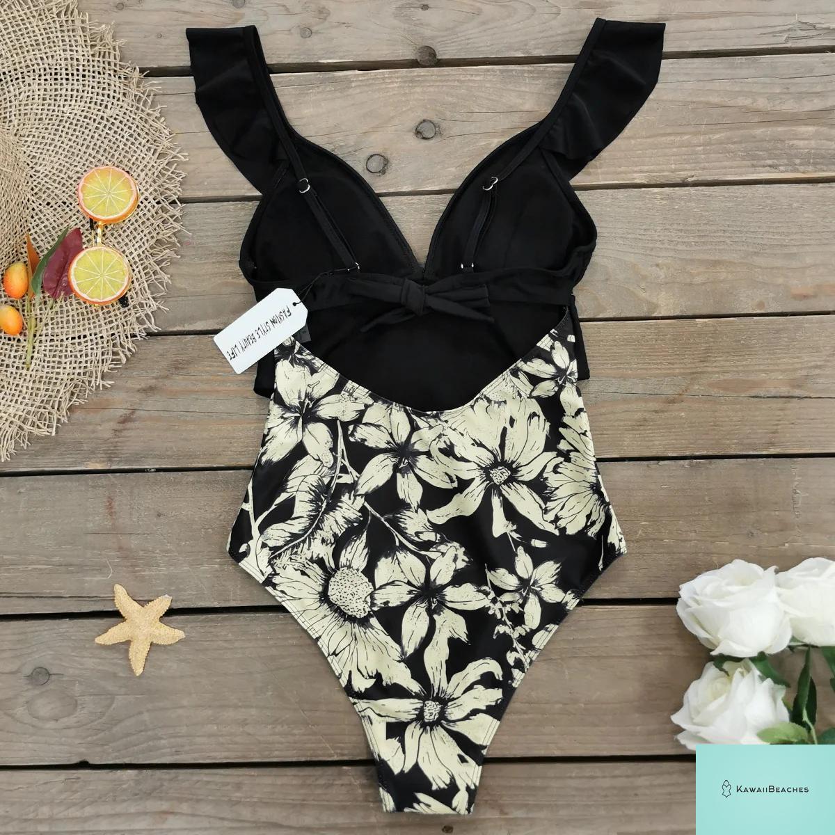 Lace Print V-Neck One Piece Swimsuit