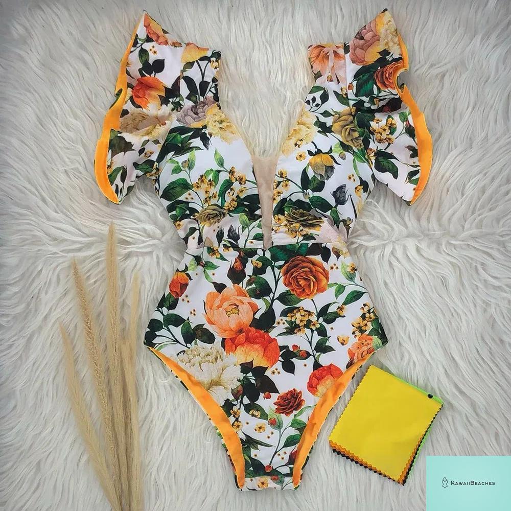 Kawaii V-Neck Lace Print One Piece Swimsuit