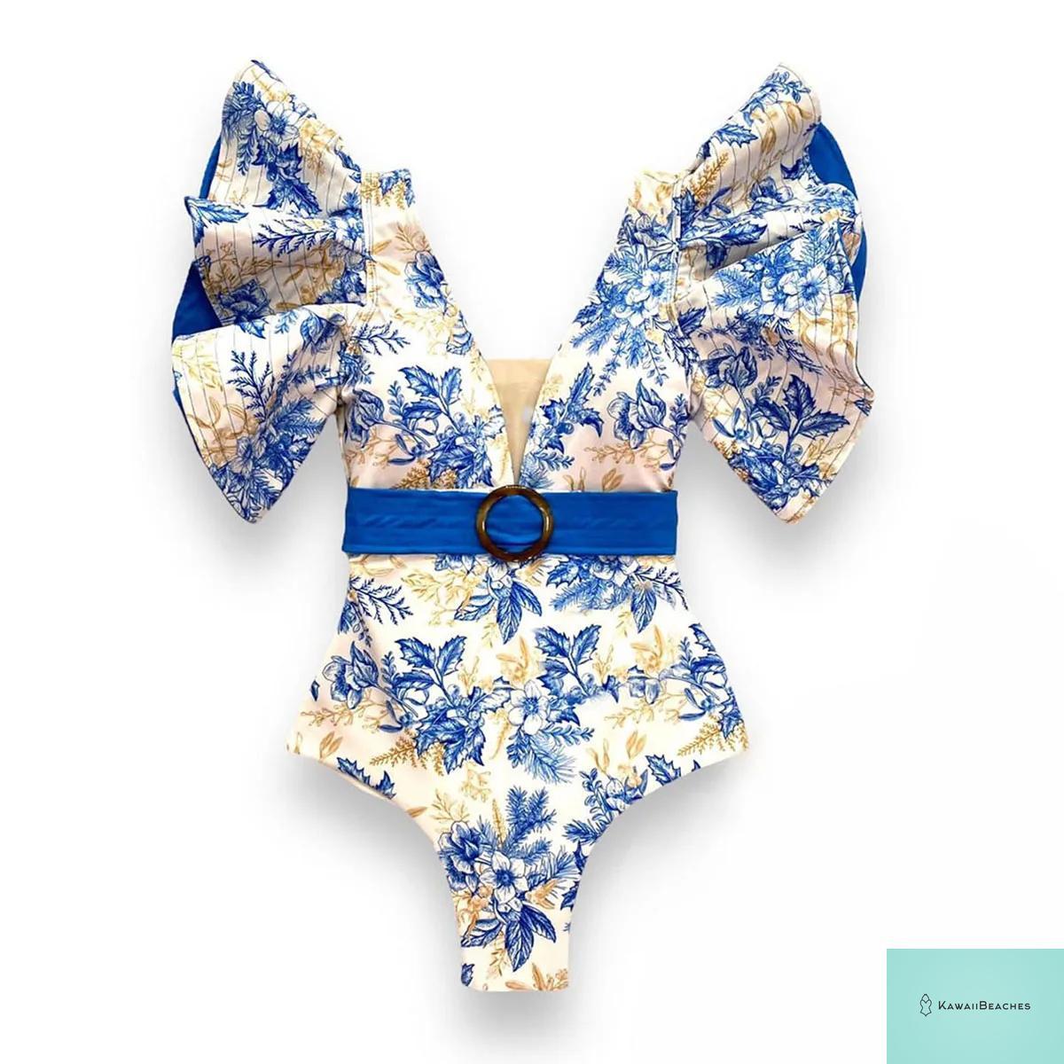 Kawaii V-Neck Lace Print One Piece Swimsuit