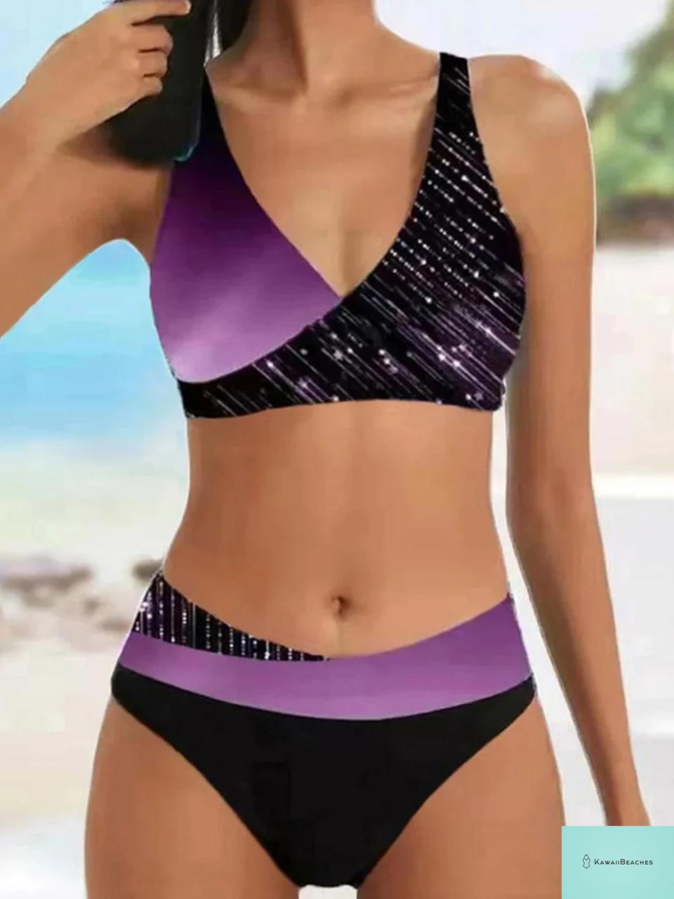 Kawaii Beach V Neck Stripe Bikini Set