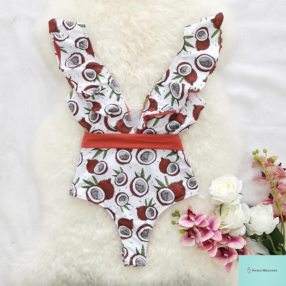 Kawaii V-Neck Lace Print One Piece Swimsuit