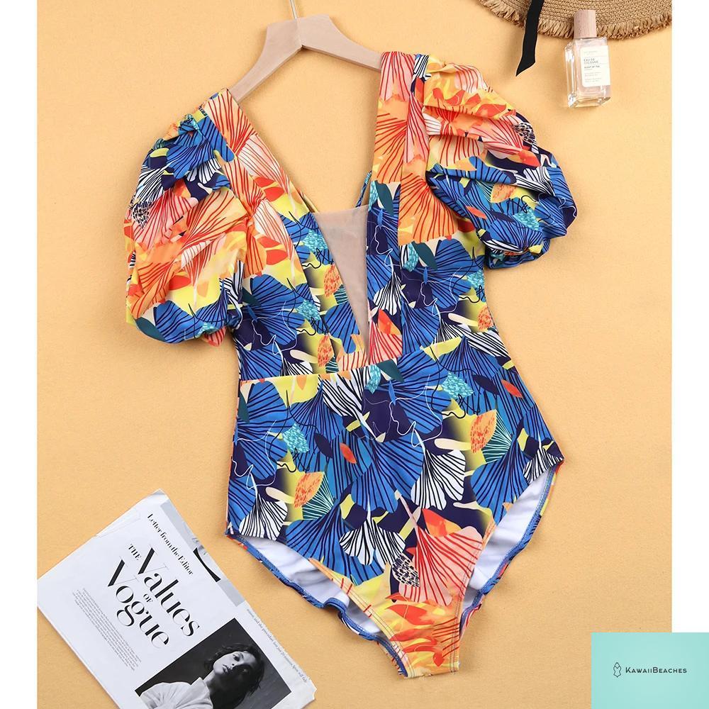 Kawaii V-Neck Lace Print One Piece Swimsuit