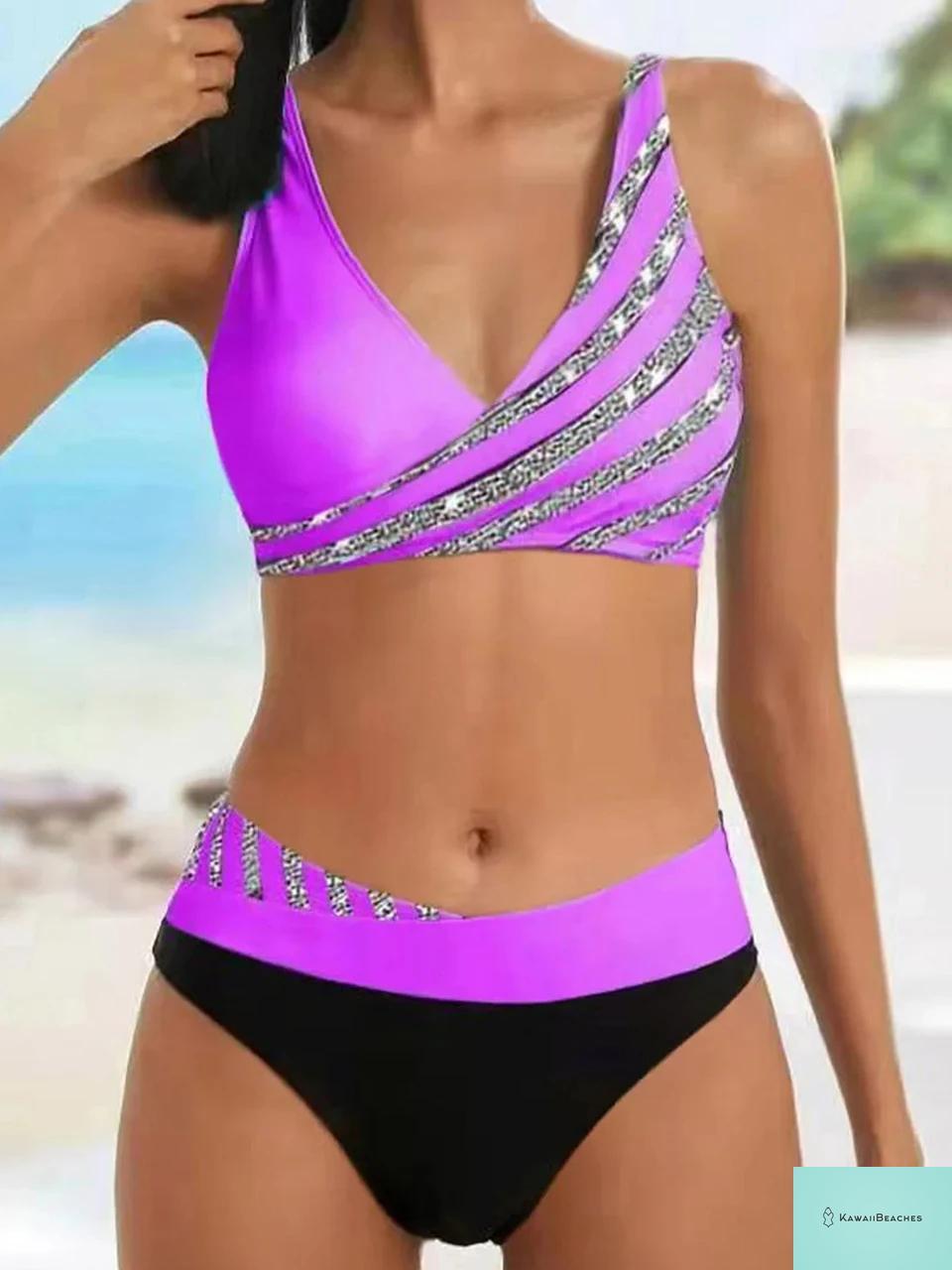 Kawaii Beach V Neck Stripe Bikini Set