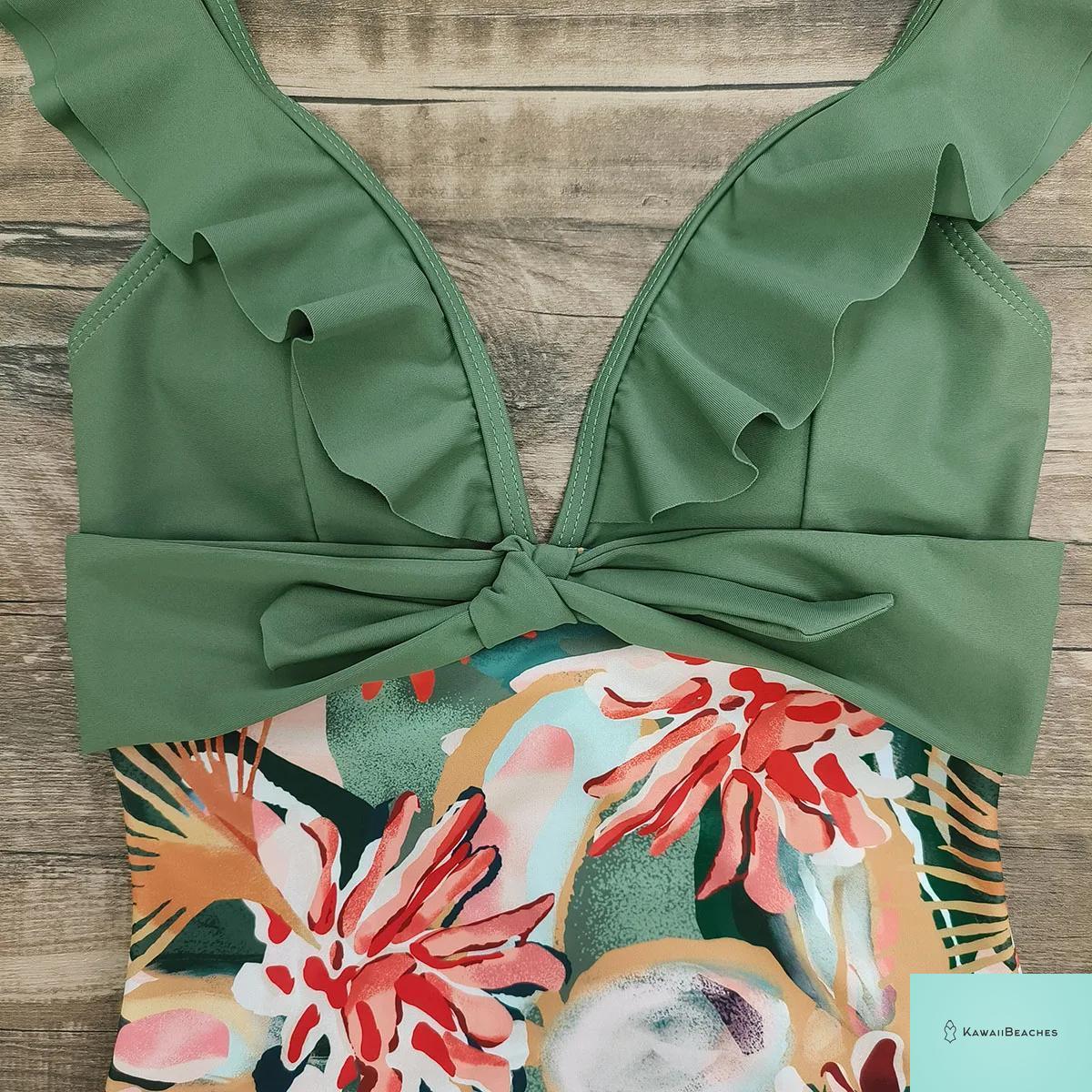 Lace Print V-Neck One Piece Swimsuit