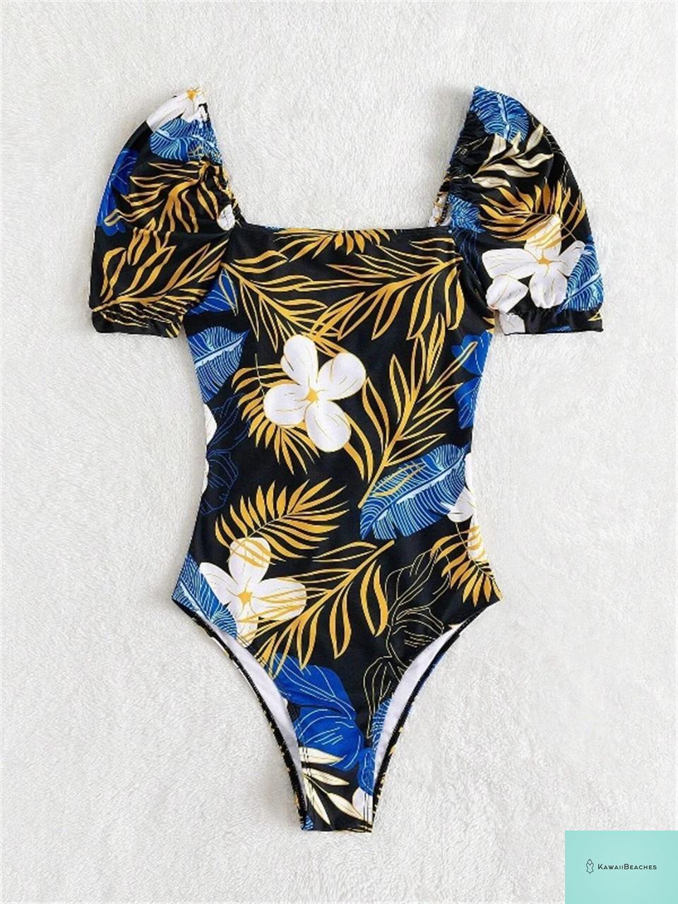 Tropical Print Drawstring One-Piece Swimsuit