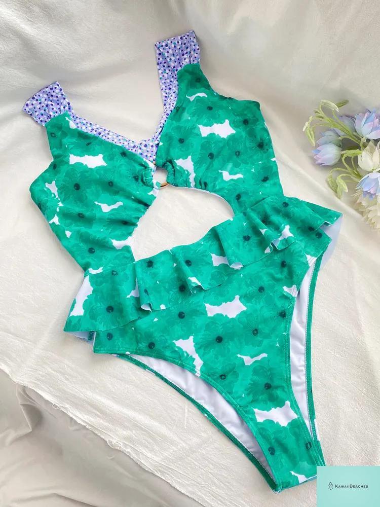 Kawaii Floral Ruffle One-Piece Swimsuit