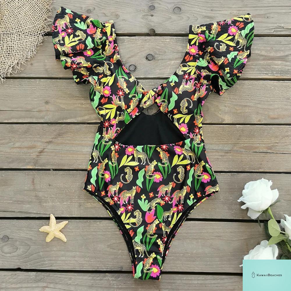 Kawaii V-Neck Lace Print One Piece Swimsuit