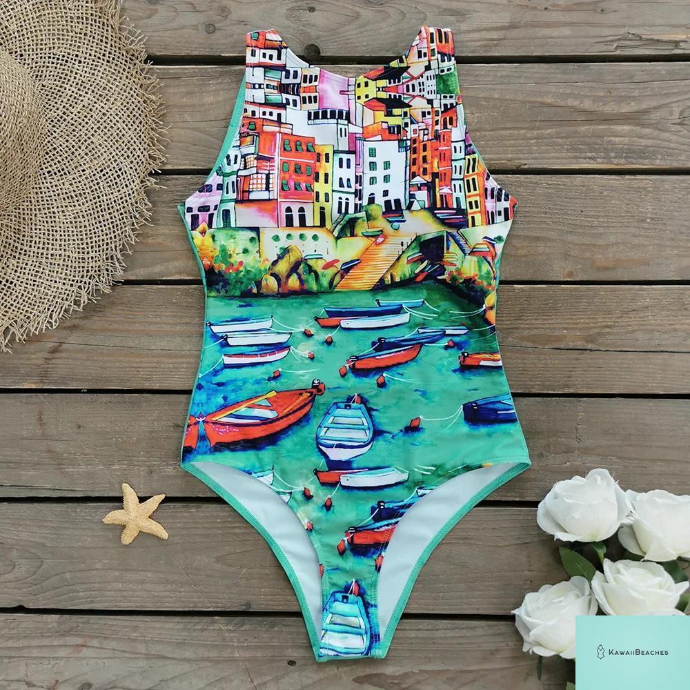 Striped Tropical Monokini Swimsuit for Women