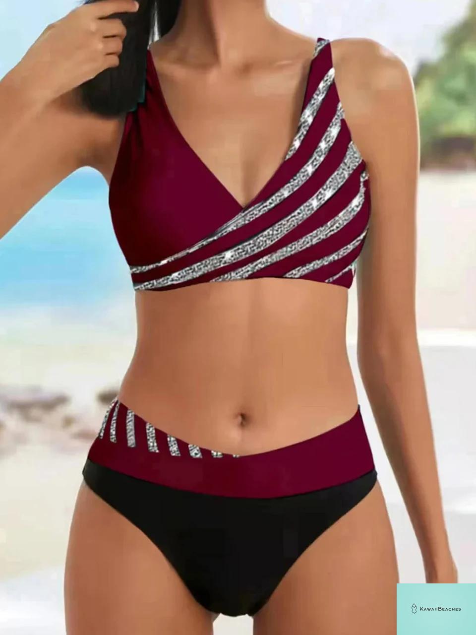 Kawaii Beach V Neck Stripe Bikini Set