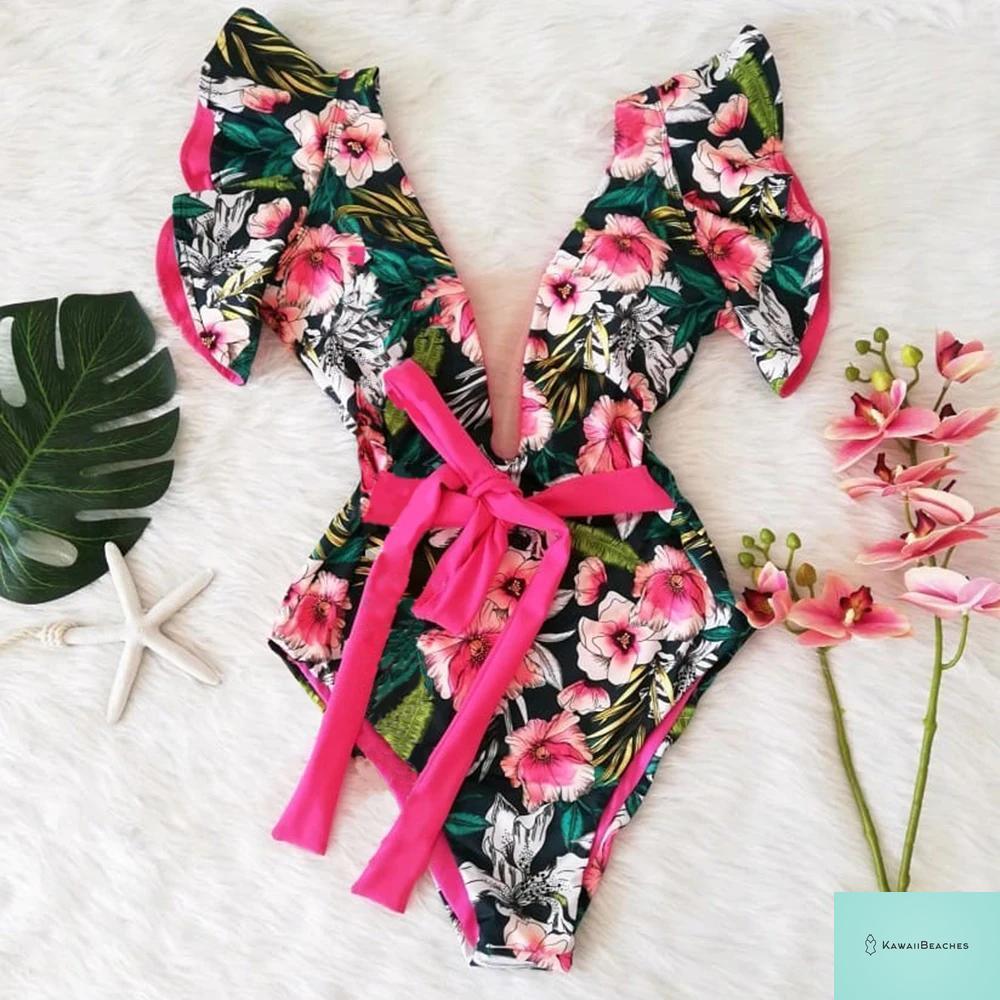 Kawaii V-Neck Lace Print One Piece Swimsuit