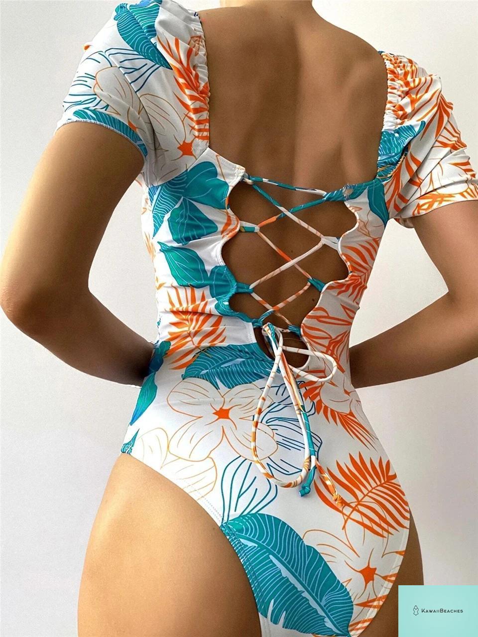 Tropical Print Drawstring One-Piece Swimsuit