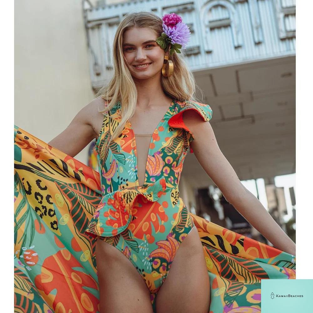 Kawaii V-Neck Lace Print One Piece Swimsuit