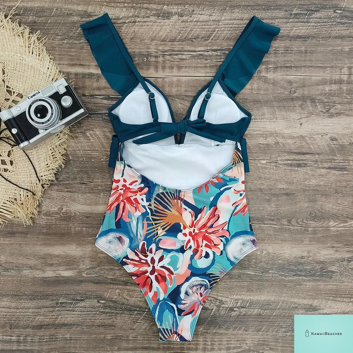 Lace Print V-Neck One Piece Swimsuit