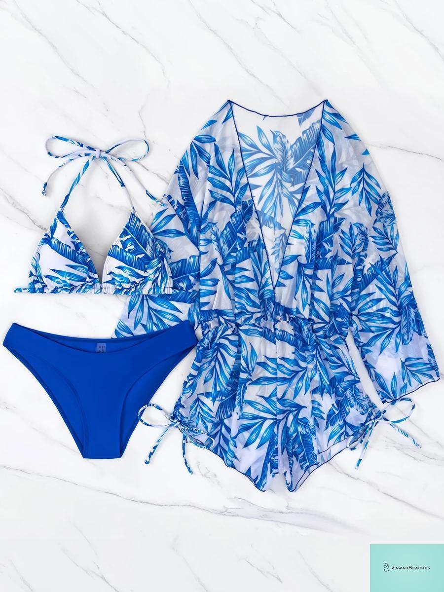 Tropical Print Halter Bikini Swimsuit