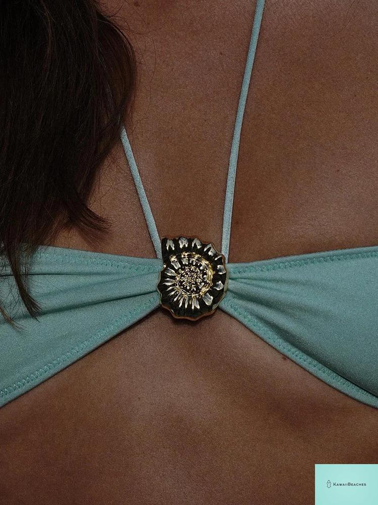 Womens Solid Color Halter Bikini Swimsuit