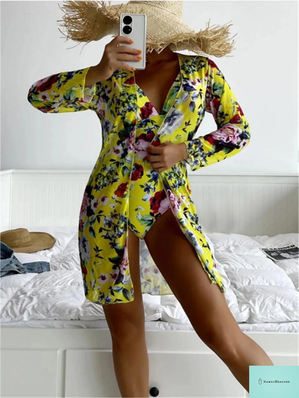 Tropical V-neck Swimsuit with Cover Up
