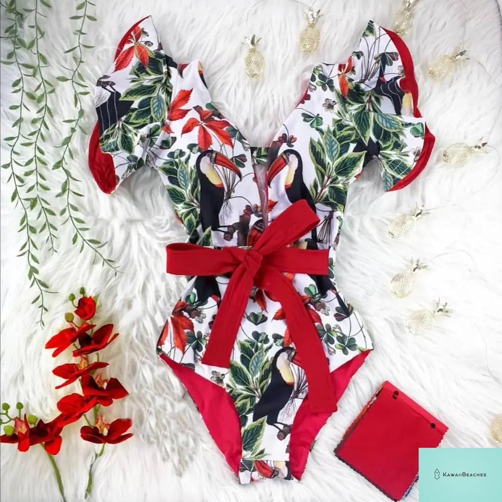 Kawaii V-Neck Lace Print One Piece Swimsuit