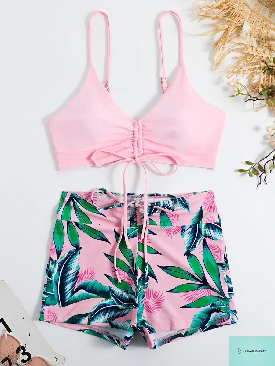 Tropical Print High Waist Drawstring Bikini
