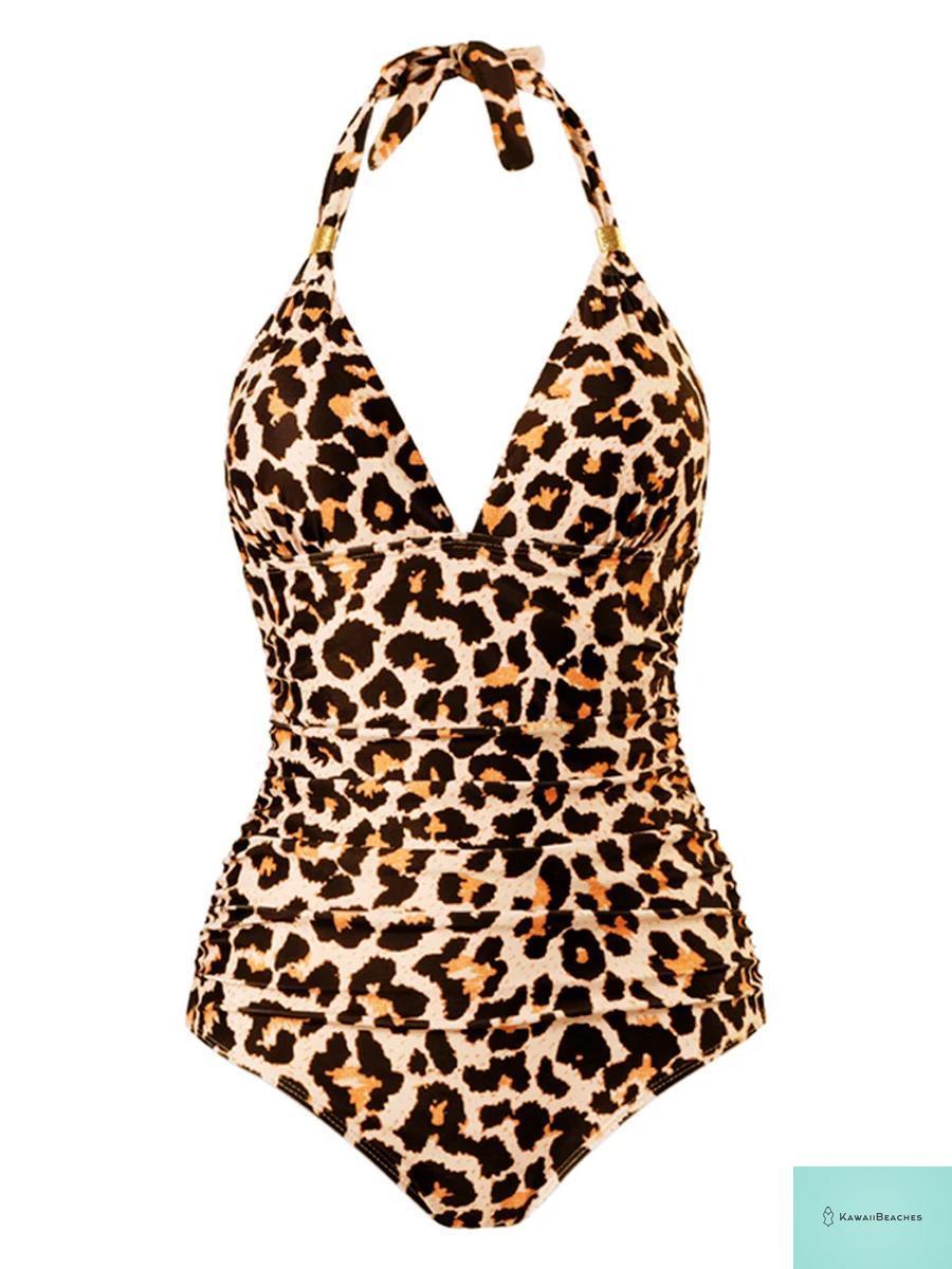 Vintage Leopard Print Halter One-Piece Swimsuit
