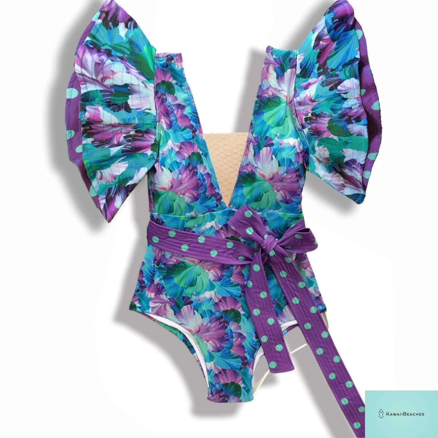 Kawaii V-Neck Lace Print One Piece Swimsuit