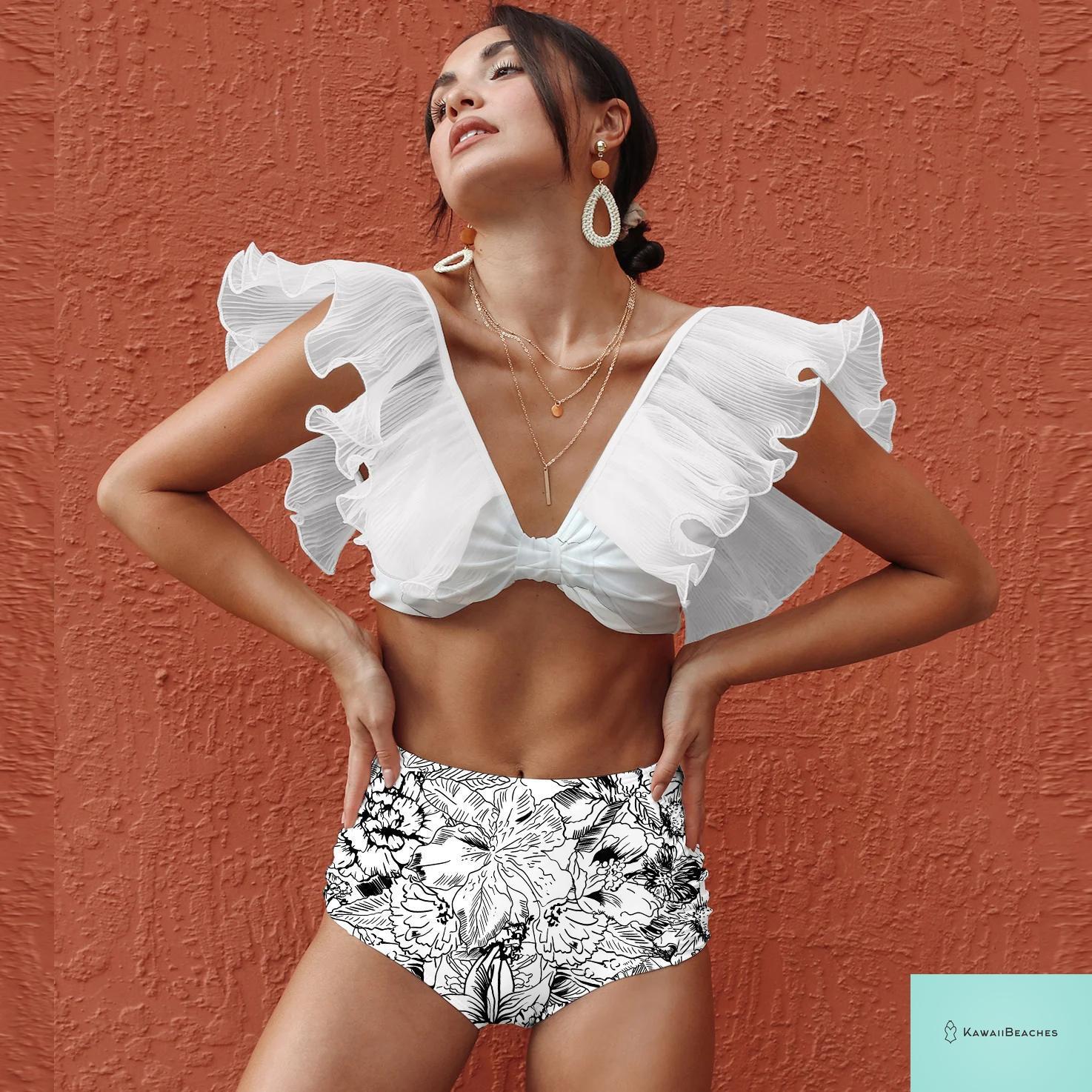 Womens High Waist Ruffle Bikini Swimsuit