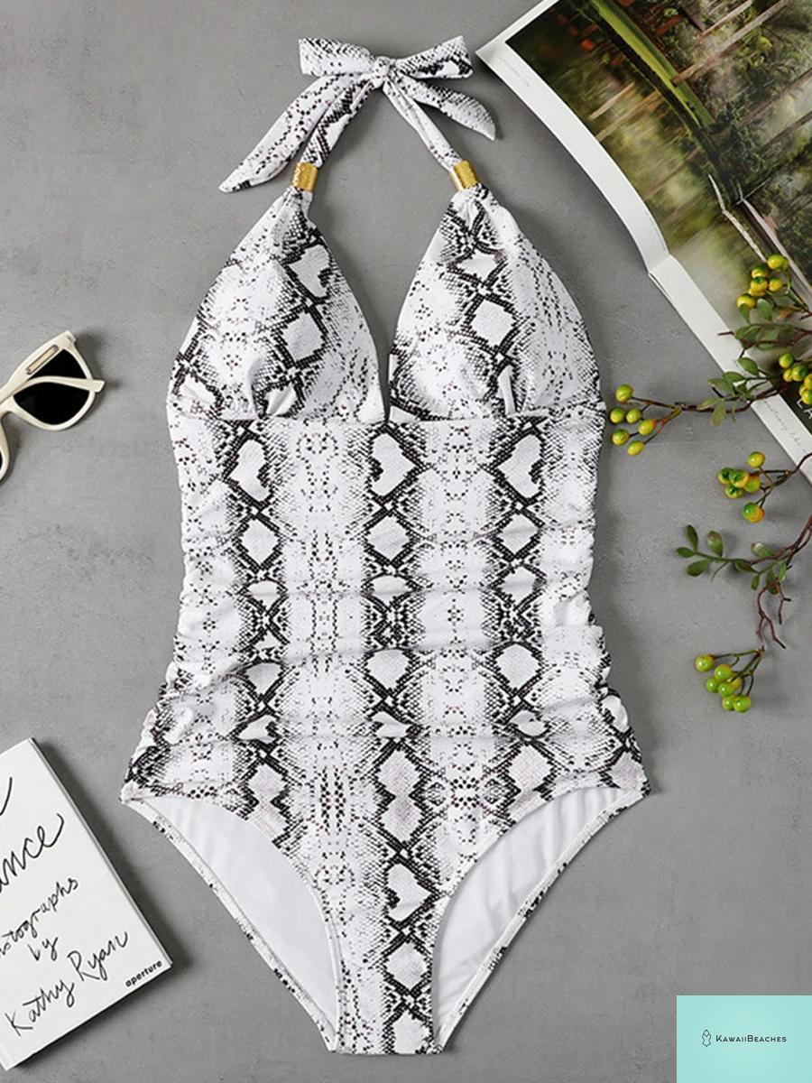 Vintage Leopard Print Halter One-Piece Swimsuit